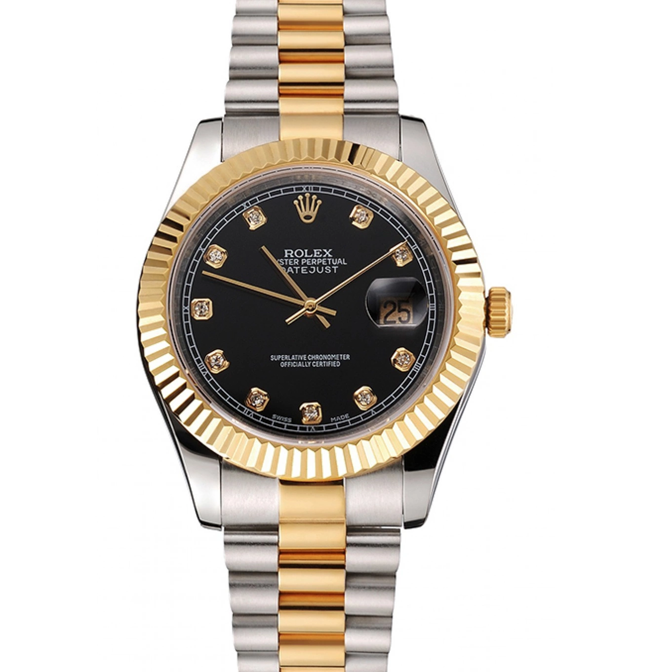 Best AAA Replica Sites Black Tone Dial Stainless Datejust Swiss Bracelet Steel Two Rolex Case Bezel Gold 0724